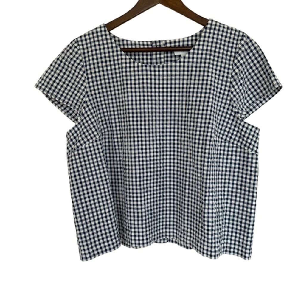 J. Jill Navy and White Check Back Buttons Crop Blouse - Size Large